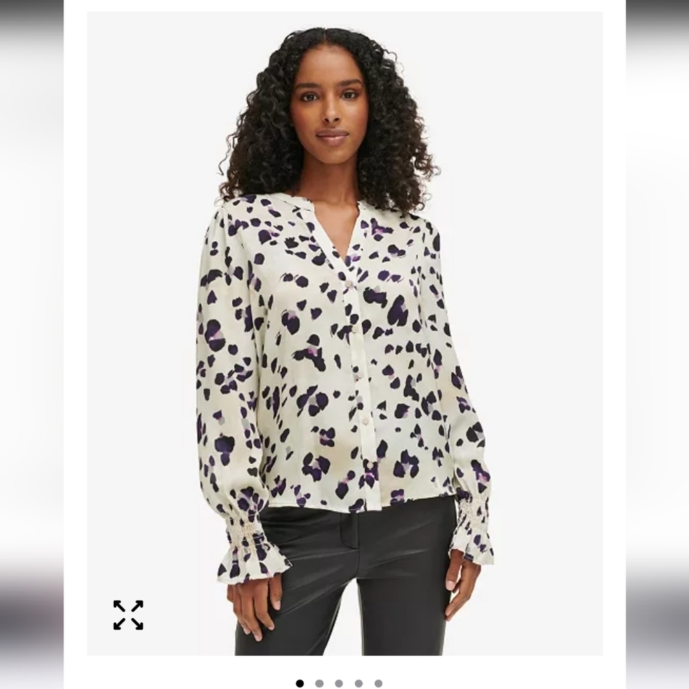 DKNY Cream V-Neck Blouse with Purple and Black Leopard Print